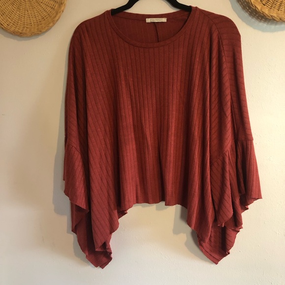 Rust Red Ribbed Poncho Crop Top - Picture 1 of 3